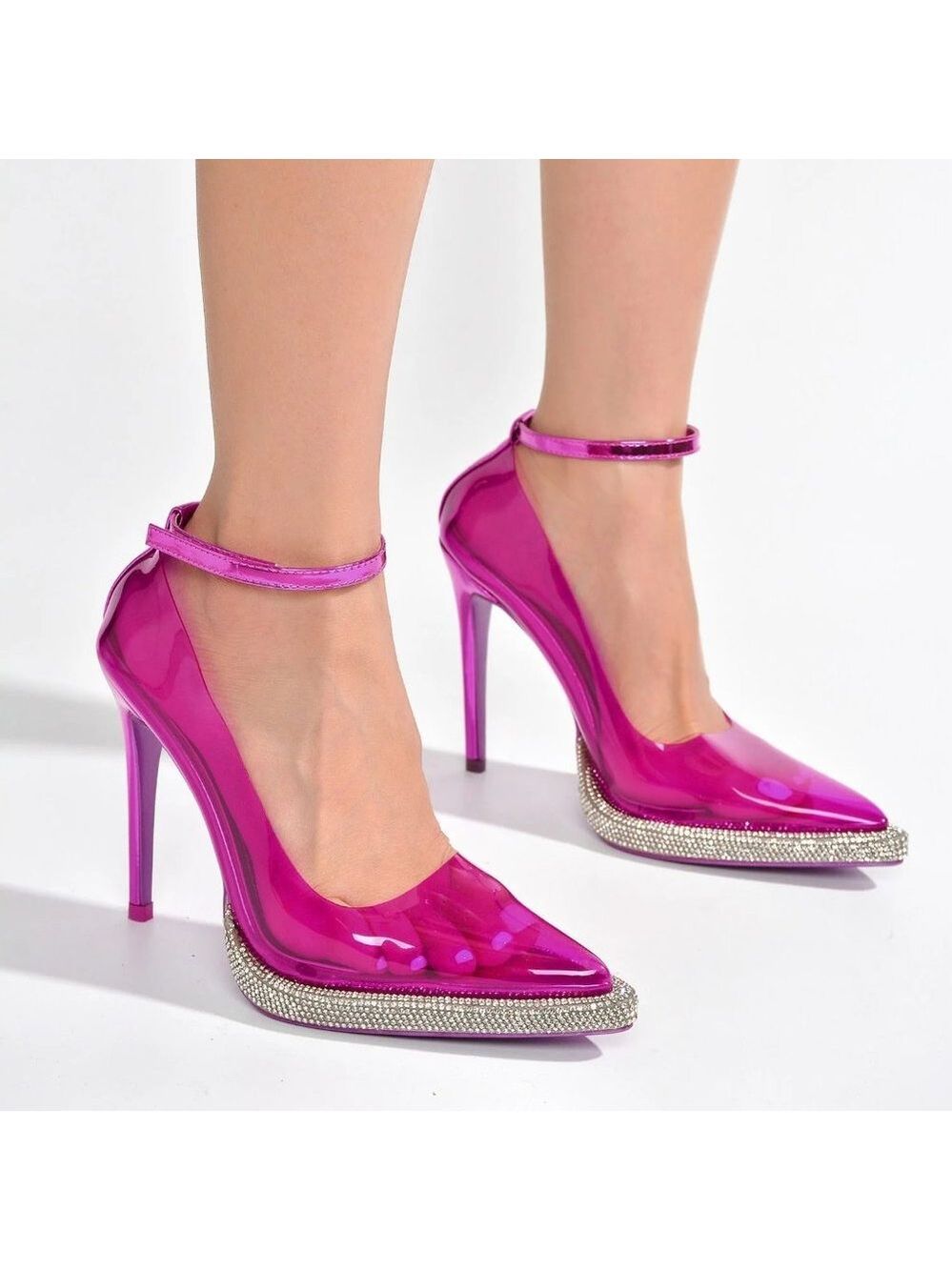 Timeless Fuchsia Pink Translucent Metallic Mini Rhinestone Platform Pumps Heels - Picture 9 of 10